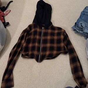 Forever 21 Black and Brown Plaid Crop Top Hoodie